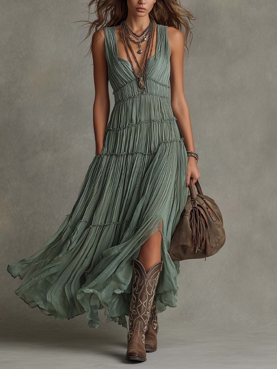 Effortless Pleated Chiffon Maxi Dress for Women with V Neck Sleeveless Tiered High Slit Bohemian Style