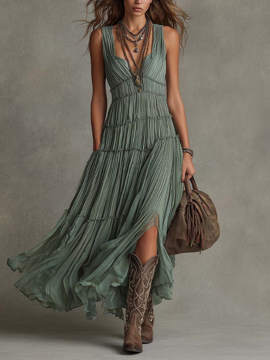 Effortless Pleated Chiffon Maxi Dress for Women with V Neck Sleeveless Tiered High Slit Bohemian Style