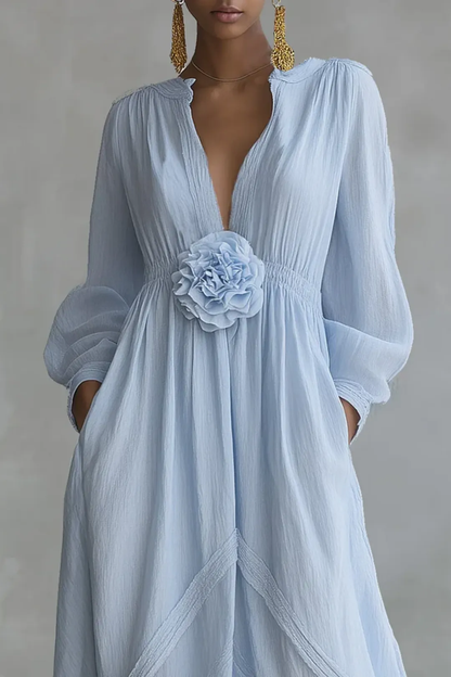 Elegant Blue Maxi Dress for Women with V Neck Balloon Sleeve Floral Applique Flowing Style