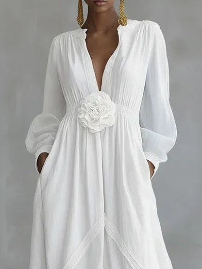 Elegant White Maxi Dress for Women with V Neck Balloon Sleeve Floral Applique Flowing Bohemian Style