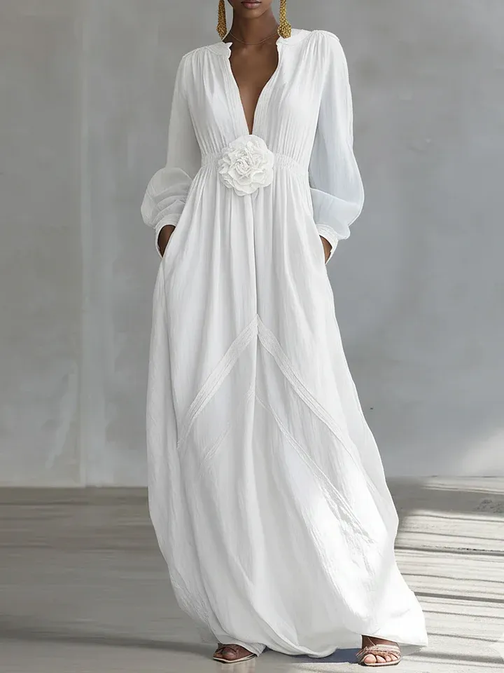 Elegant White Maxi Dress for Women with V Neck Balloon Sleeve Floral Applique Flowing Bohemian Style