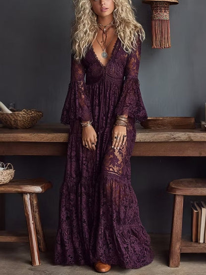 Elegant Purple Lace Maxi Dress for Women with V Neck Bell Sleeve Tiered Ruffle Bohemian Style