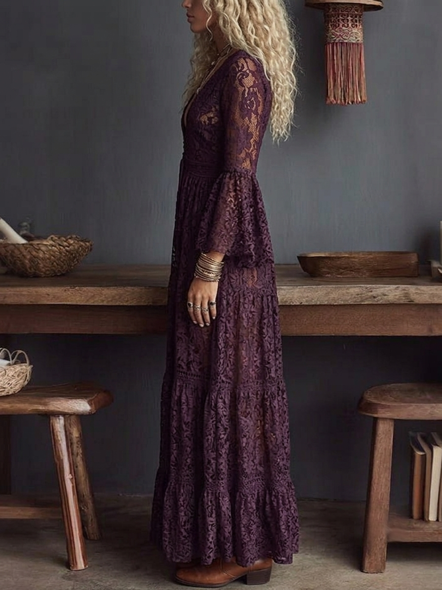 Elegant Purple Lace Maxi Dress for Women with V Neck Bell Sleeve Tiered Ruffle Bohemian Style