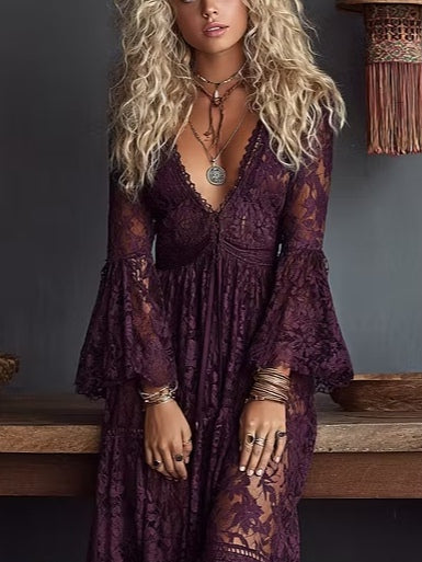 Elegant Purple Lace Maxi Dress for Women with V Neck Bell Sleeve Tiered Ruffle Bohemian Style