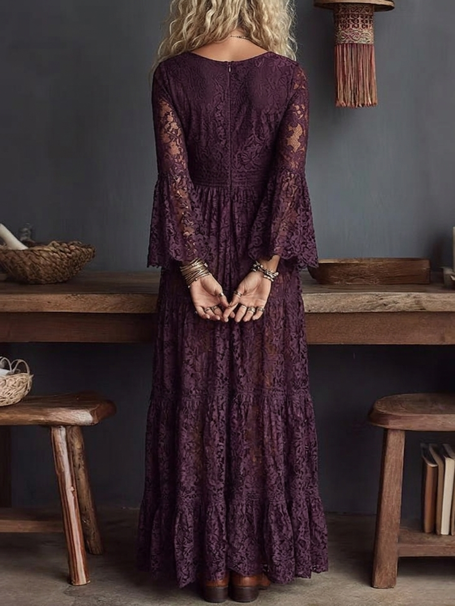 Elegant Purple Lace Maxi Dress for Women with V Neck Bell Sleeve Tiered Ruffle Bohemian Style