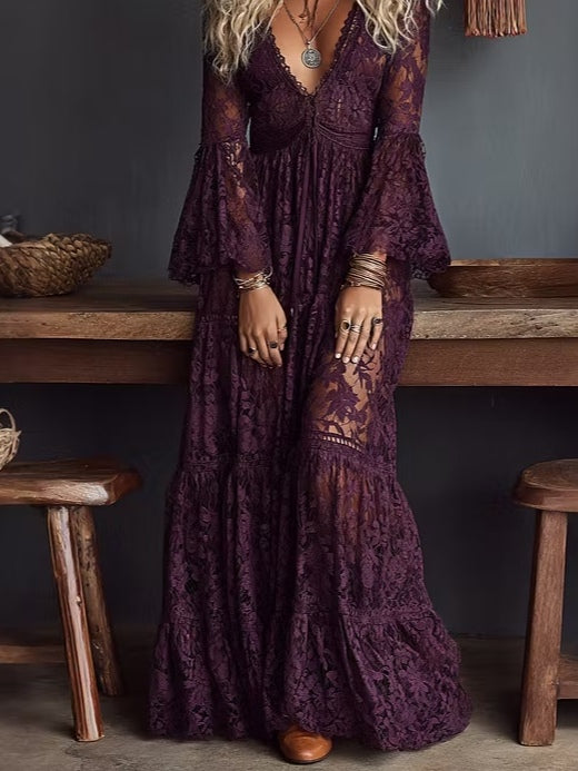Elegant Purple Lace Maxi Dress for Women with V Neck Bell Sleeve Tiered Ruffle Bohemian Style