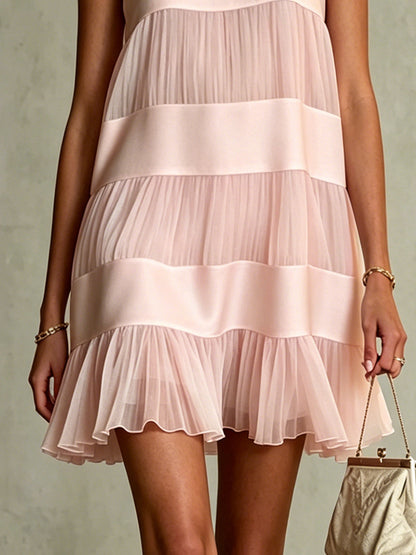 Elegant Light Pink Chiffon Tiered Mini Dress for Women with Round Neck Sleeveless Ruffle Hem Flowing Style