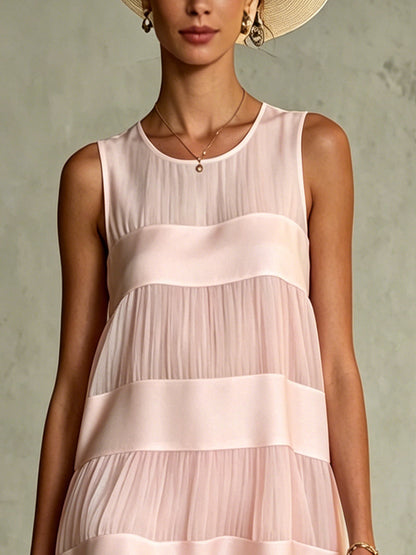 Elegant Light Pink Chiffon Tiered Mini Dress for Women with Round Neck Sleeveless Ruffle Hem Flowing Style