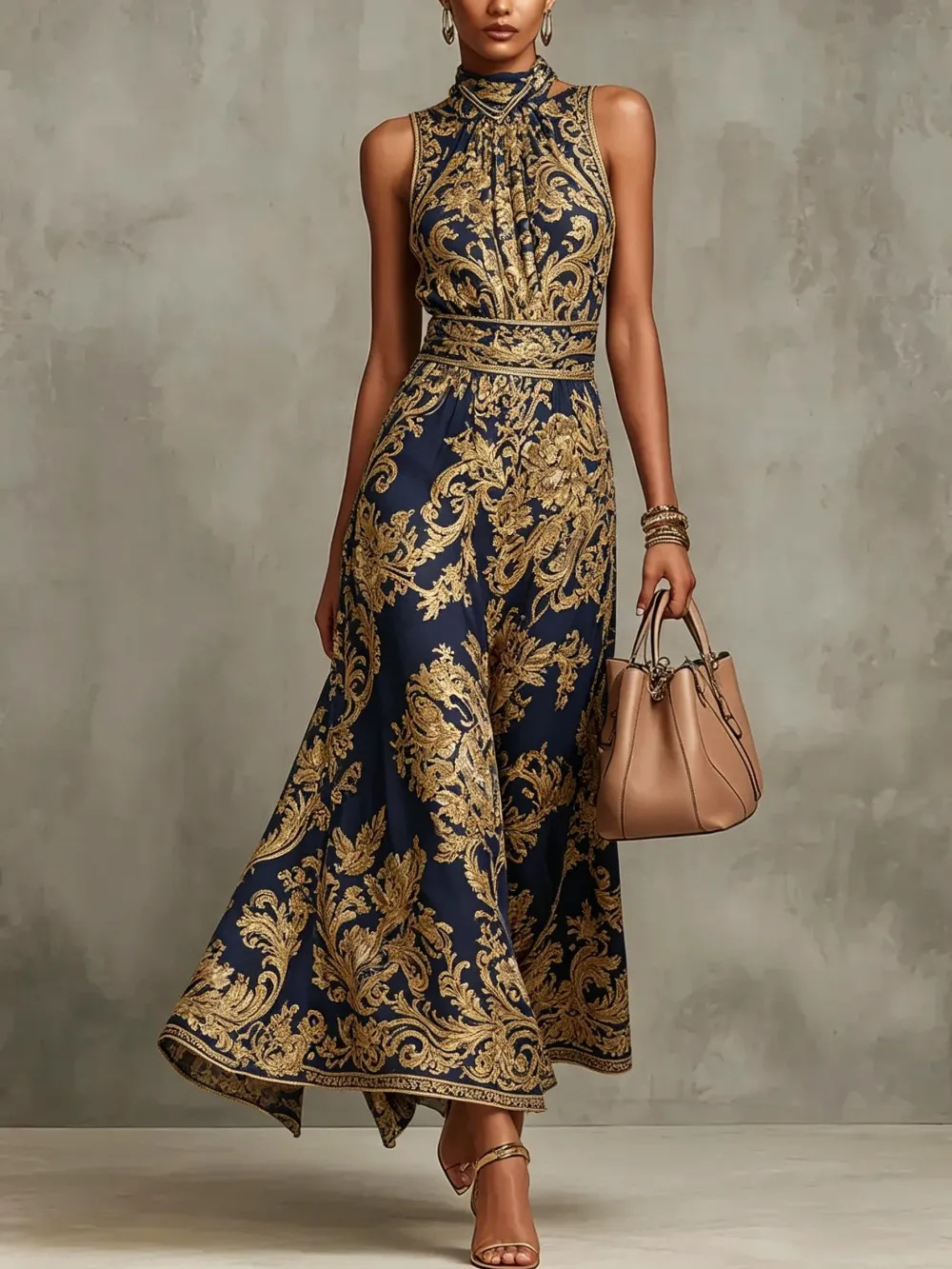 Elegant Navy Gold Baroque Print Maxi Dress for Women with Mock Neck Sleeveless Belted Flowing Formal Style