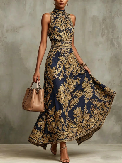 Elegant Navy Gold Baroque Print Maxi Dress for Women with Mock Neck Sleeveless Belted Flowing Formal Style