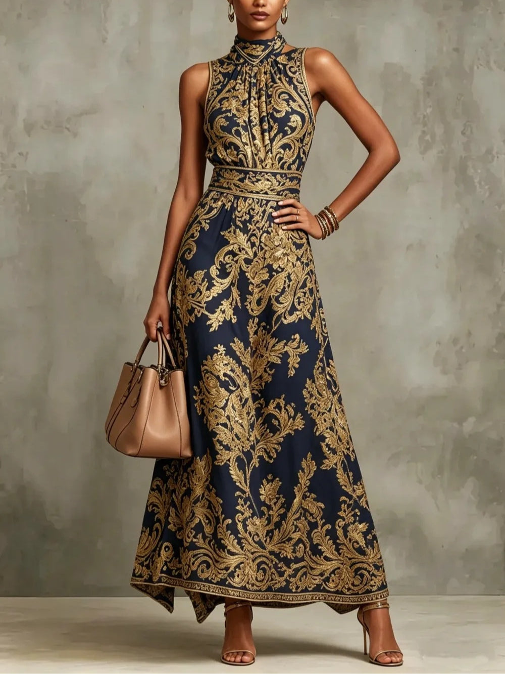 Elegant Navy Gold Baroque Print Maxi Dress for Women with Mock Neck Sleeveless Belted Flowing Formal Style