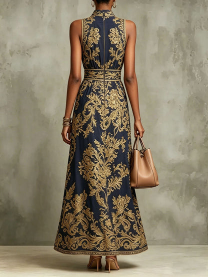 Elegant Navy Gold Baroque Print Maxi Dress for Women with Mock Neck Sleeveless Belted Flowing Formal Style