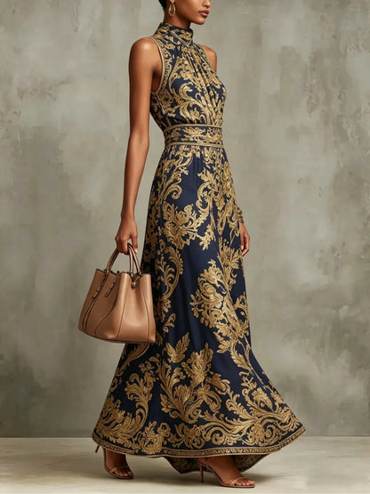 Elegant Navy Gold Baroque Print Maxi Dress for Women with Mock Neck Sleeveless Belted Flowing Formal Style