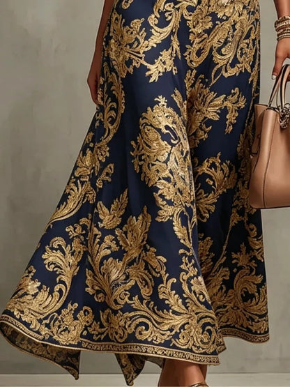 Elegant Navy Gold Baroque Print Maxi Dress for Women with Mock Neck Sleeveless Belted Flowing Formal Style