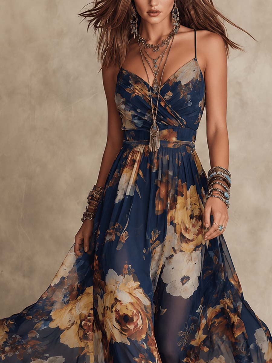 Elegant Navy Floral Maxi Dress for Women with V Neck Spaghetti Strap Flowing Bohemian Style