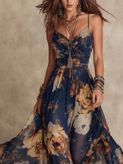 Elegant Navy Floral Maxi Dress for Women with V Neck Spaghetti Strap Flowing Bohemian Style