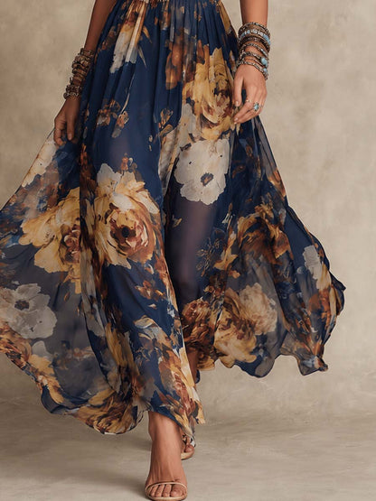 Elegant Navy Floral Maxi Dress for Women with V Neck Spaghetti Strap Flowing Bohemian Style