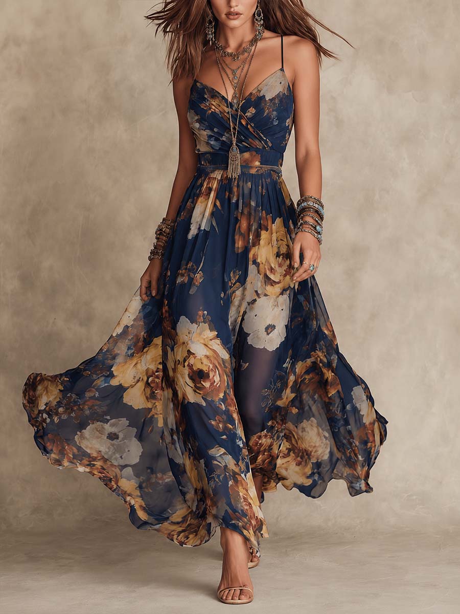 Elegant Navy Floral Maxi Dress for Women with V Neck Spaghetti Strap Flowing Bohemian Style