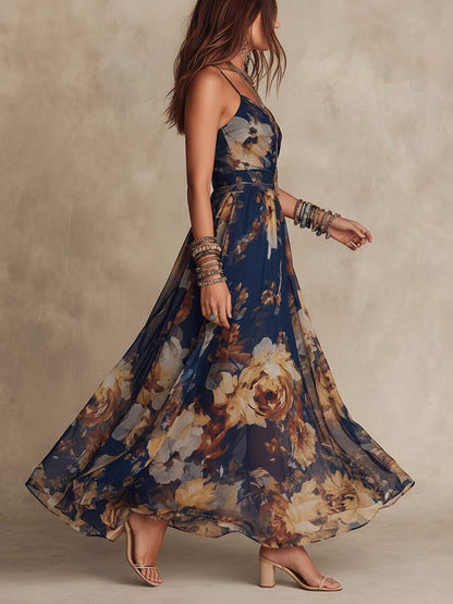 Elegant Navy Floral Maxi Dress for Women with V Neck Spaghetti Strap Flowing Bohemian Style