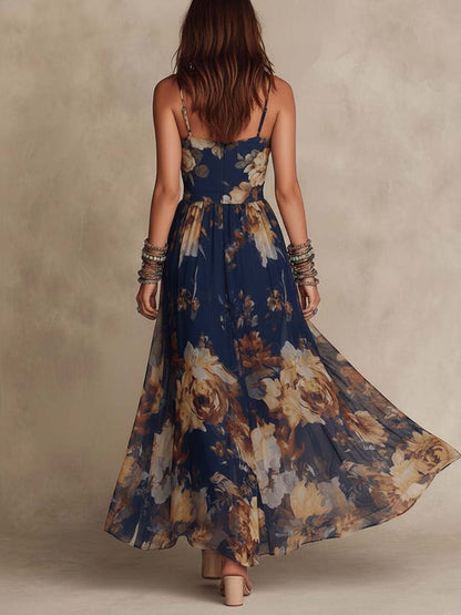 Elegant Navy Floral Maxi Dress for Women with V Neck Spaghetti Strap Flowing Bohemian Style