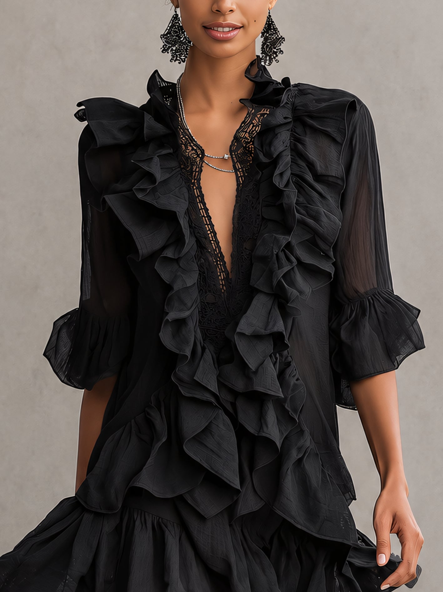 Elegant Black Chiffon Mini Dress for Women with V Neck Balloon Sleeve Ruffle Tiered Flowing Style
