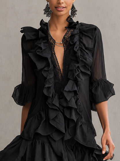 Elegant Black Chiffon Mini Dress for Women with V Neck Balloon Sleeve Ruffle Tiered Flowing Style