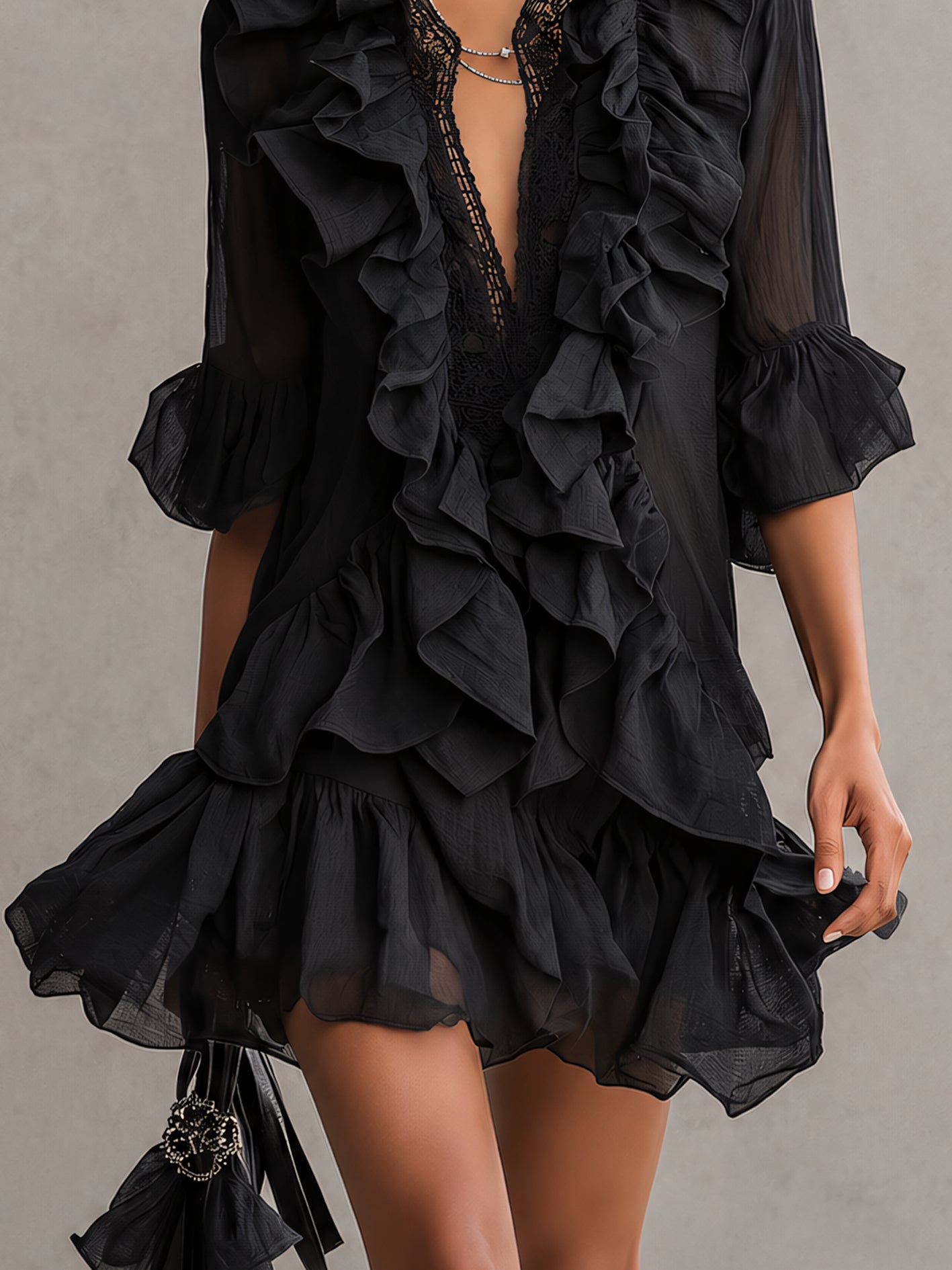 Elegant Black Chiffon Mini Dress for Women with V Neck Balloon Sleeve Ruffle Tiered Flowing Style
