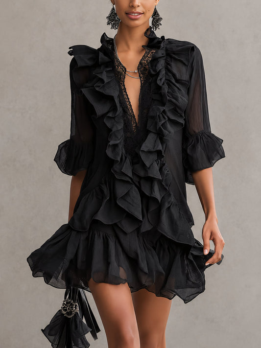 Elegant Black Chiffon Mini Dress for Women with V Neck Balloon Sleeve Ruffle Tiered Flowing Style