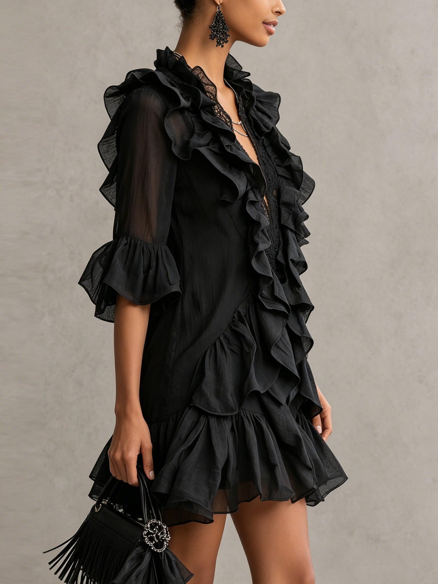 Elegant Black Chiffon Mini Dress for Women with V Neck Balloon Sleeve Ruffle Tiered Flowing Style