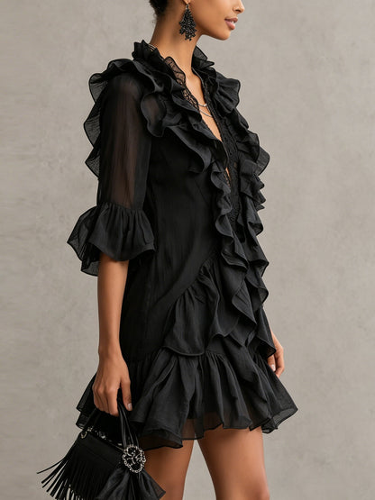 Elegant Black Chiffon Mini Dress for Women with V Neck Balloon Sleeve Ruffle Tiered Flowing Style