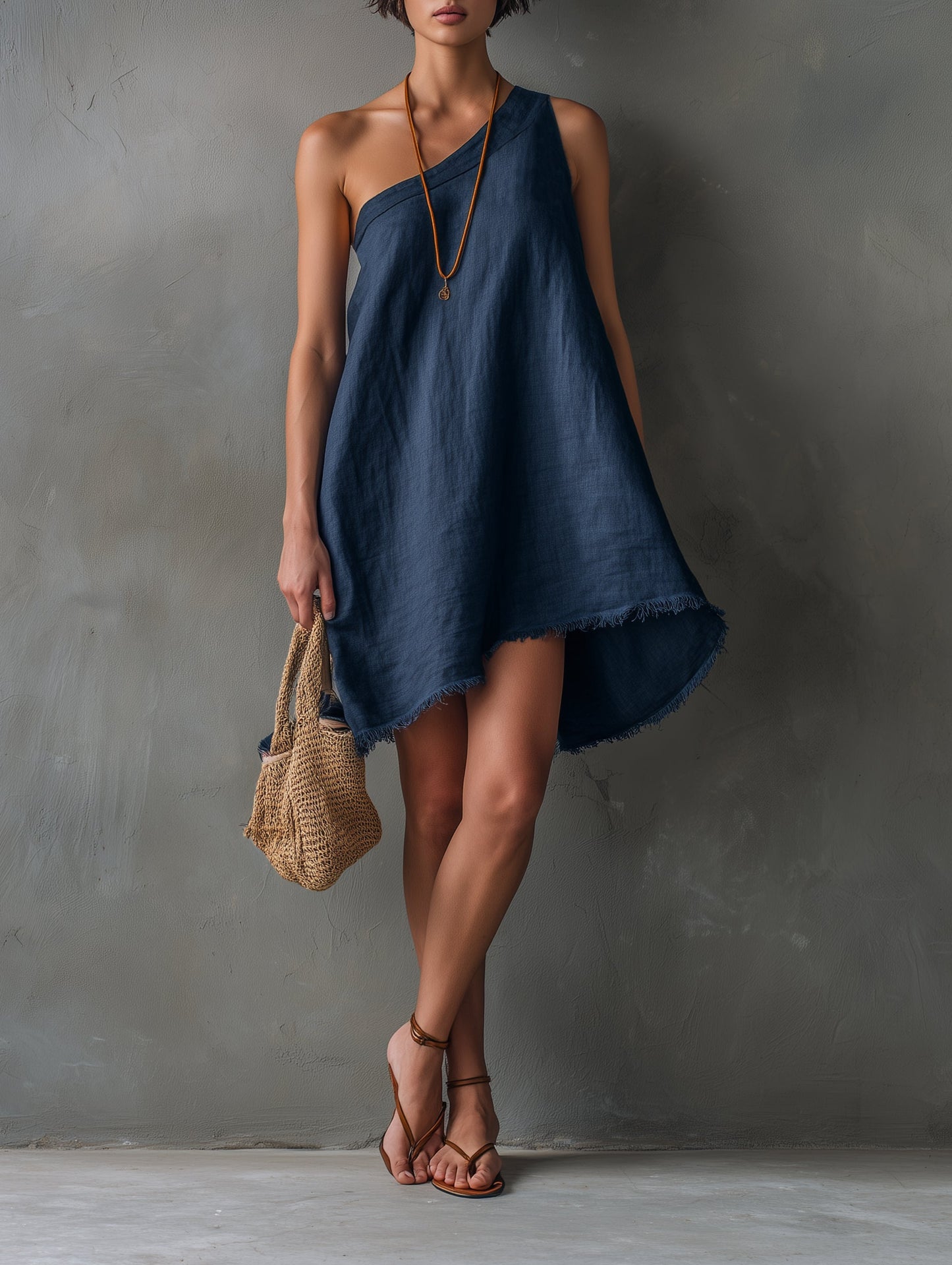 Effortless Navy Linen Mini Dress for Women with One Shoulder Asymmetrical Frayed Hem Flowing Style