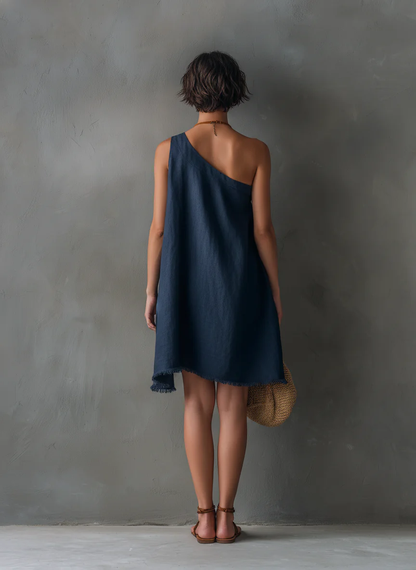 Effortless Navy Linen Mini Dress for Women with One Shoulder Asymmetrical Frayed Hem Flowing Style