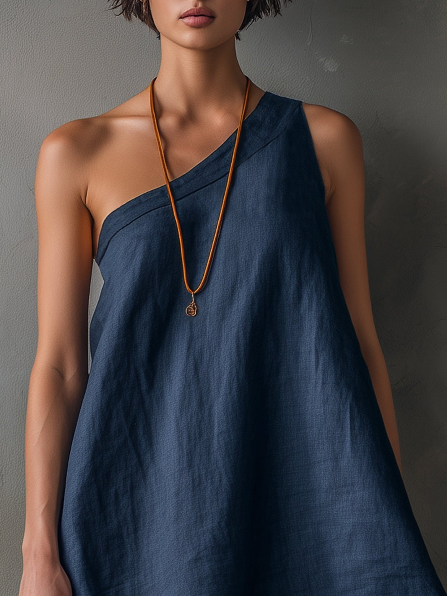 Effortless Navy Linen Mini Dress for Women with One Shoulder Asymmetrical Frayed Hem Flowing Style