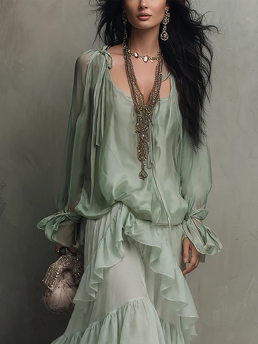 Effortless Mint Green Chiffon Maxi Dress for Women with Scoop Neck Bishop Sleeve Tiered Ruffle Bohemian Style