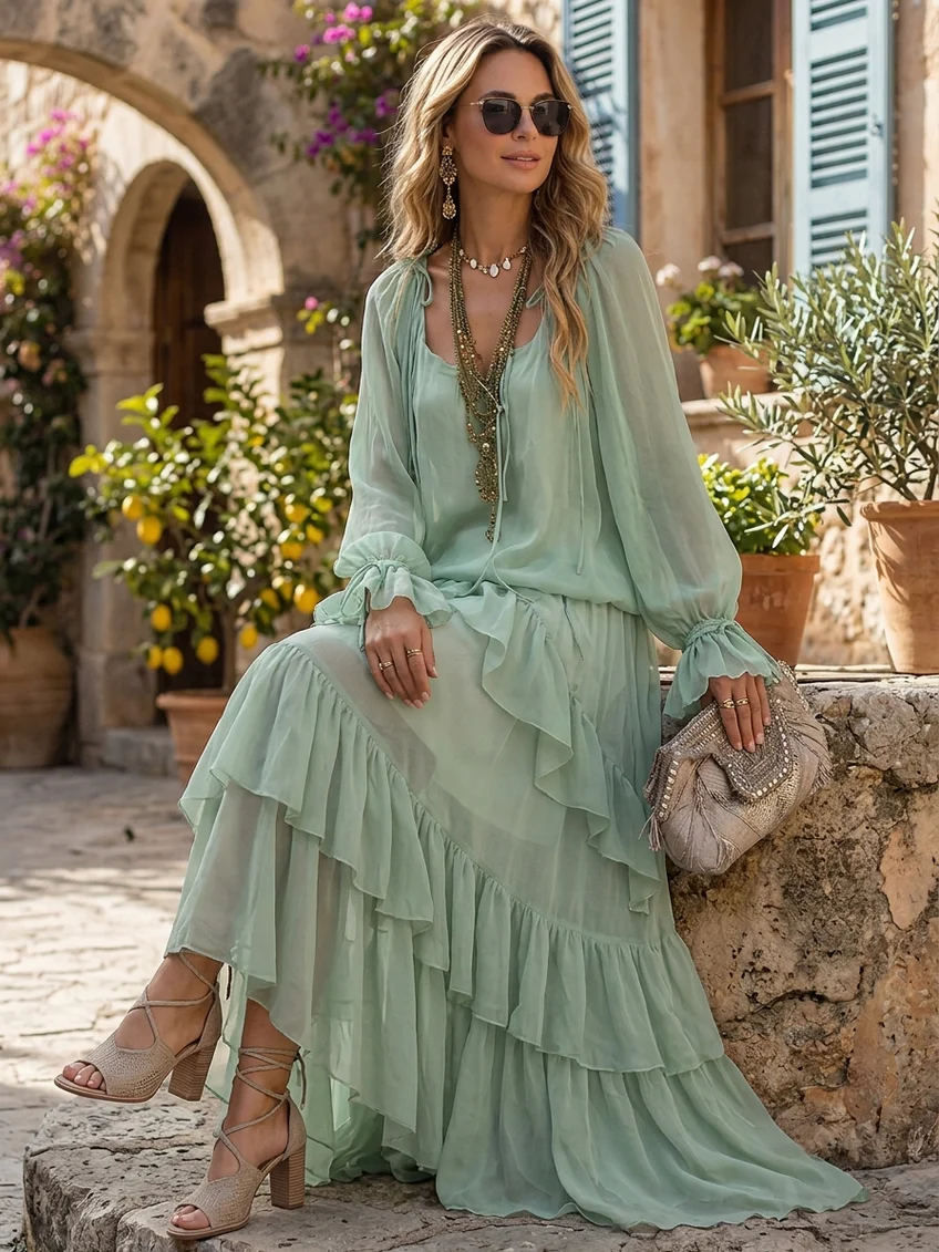 Effortless Mint Green Chiffon Maxi Dress for Women with Scoop Neck Bishop Sleeve Tiered Ruffle Bohemian Style
