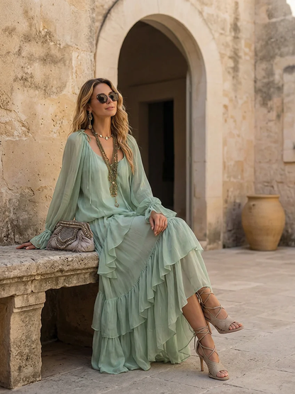 Effortless Mint Green Chiffon Maxi Dress for Women with Scoop Neck Bishop Sleeve Tiered Ruffle Bohemian Style
