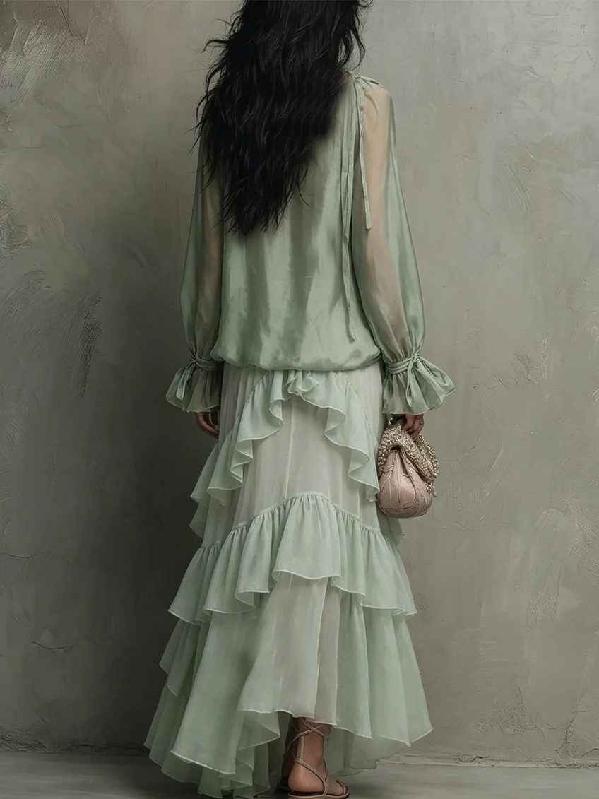 Effortless Mint Green Chiffon Maxi Dress for Women with Scoop Neck Bishop Sleeve Tiered Ruffle Bohemian Style