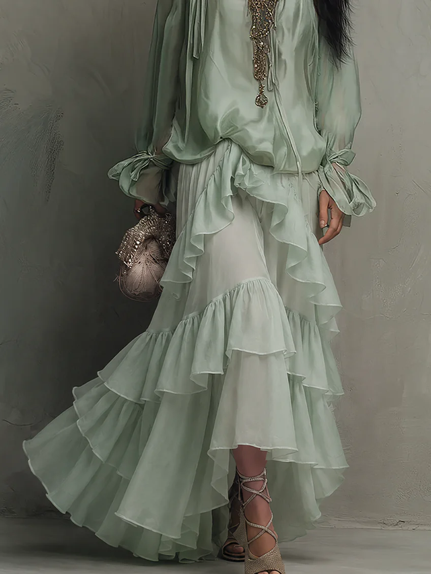 Effortless Mint Green Chiffon Maxi Dress for Women with Scoop Neck Bishop Sleeve Tiered Ruffle Bohemian Style