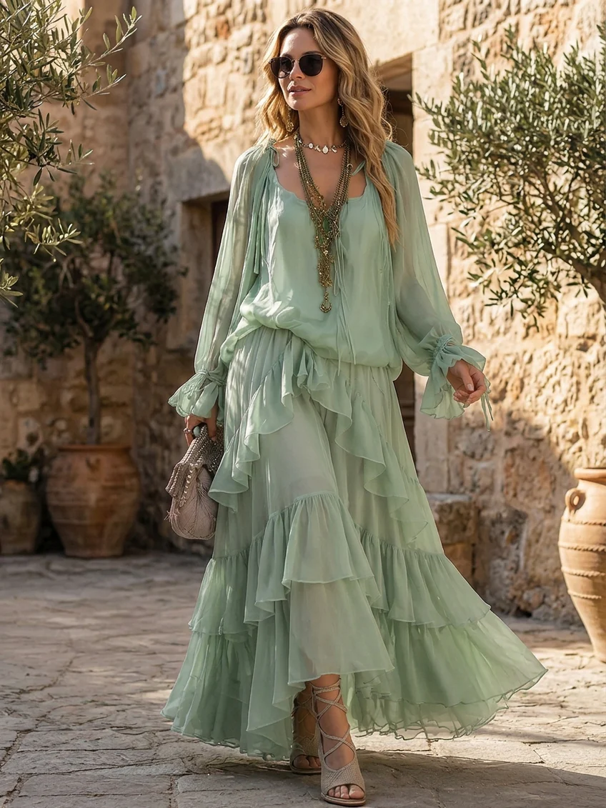 Effortless Mint Green Chiffon Maxi Dress for Women with Scoop Neck Bishop Sleeve Tiered Ruffle Bohemian Style