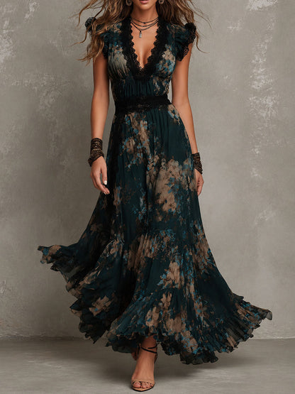Effortless Dark Green Floral Maxi Dress for Women with Lace Trim V Neck Flutter Sleeve Tiered Ruffle Bohemian Style