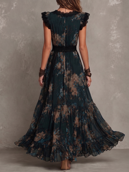 Effortless Dark Green Floral Maxi Dress for Women with Lace Trim V Neck Flutter Sleeve Tiered Ruffle Bohemian Style