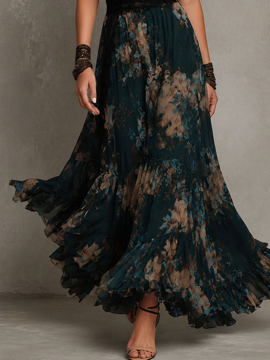 Effortless Dark Green Floral Maxi Dress for Women with Lace Trim V Neck Flutter Sleeve Tiered Ruffle Bohemian Style