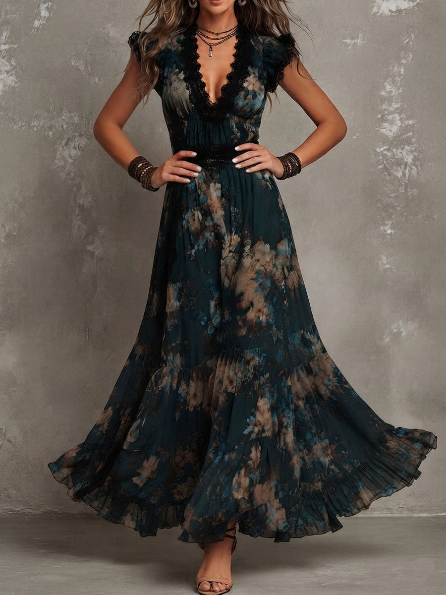 Effortless Dark Green Floral Maxi Dress for Women with Lace Trim V Neck Flutter Sleeve Tiered Ruffle Bohemian Style