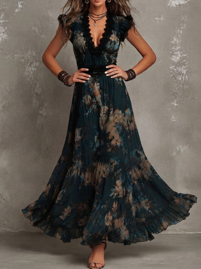 Effortless Dark Green Floral Maxi Dress for Women with Lace Trim V Neck Flutter Sleeve Tiered Ruffle Bohemian Style