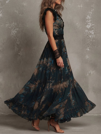 Effortless Dark Green Floral Maxi Dress for Women with Lace Trim V Neck Flutter Sleeve Tiered Ruffle Bohemian Style
