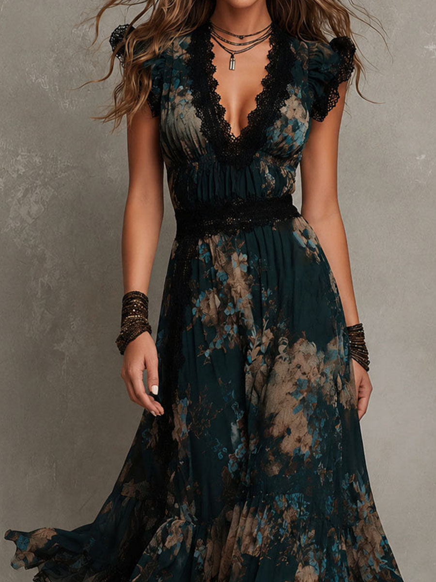 Effortless Dark Green Floral Maxi Dress for Women with Lace Trim V Neck Flutter Sleeve Tiered Ruffle Bohemian Style