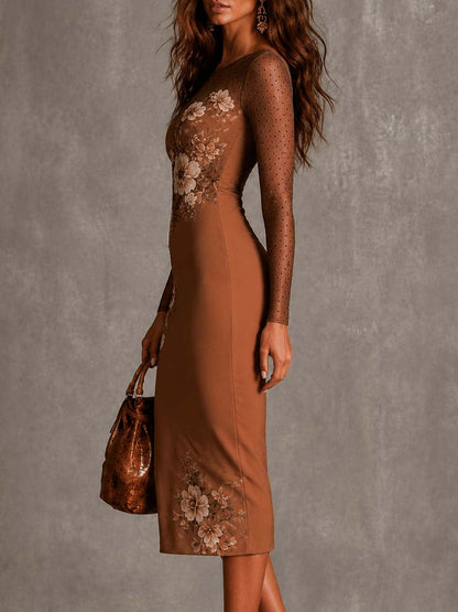 Elegant Brown Floral Midi Dress for Women with Round Neck Mesh Long Sleeve Bodycon Sheer Style