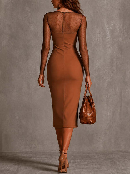 Elegant Brown Floral Midi Dress for Women with Round Neck Mesh Long Sleeve Bodycon Sheer Style