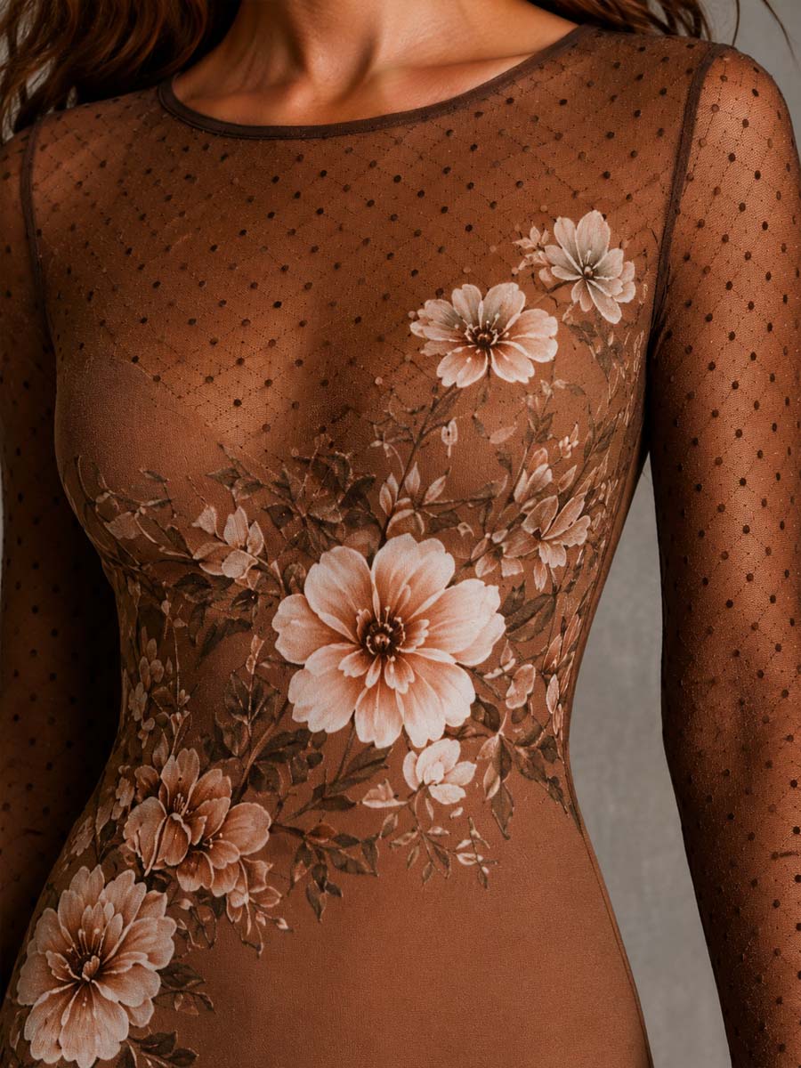 Elegant Brown Floral Midi Dress for Women with Round Neck Mesh Long Sleeve Bodycon Sheer Style