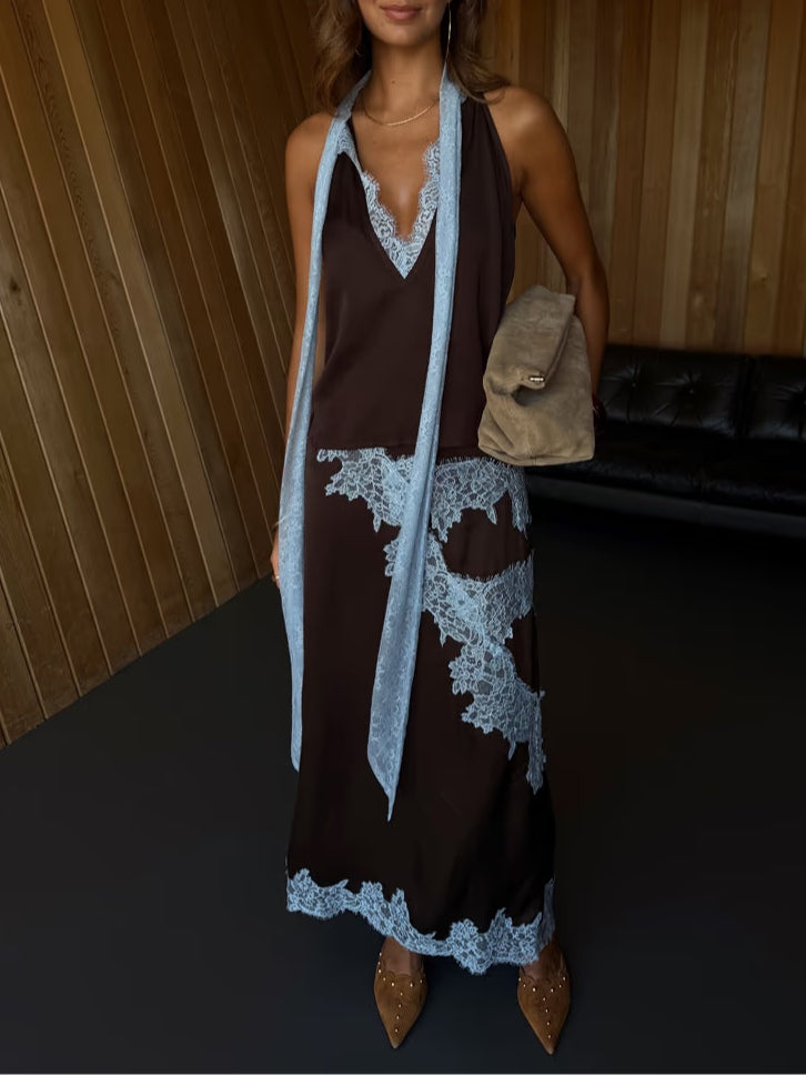 Elegant Brown Satin Maxi Dress for Women with Halter Neck Lace Trim Flowing Style